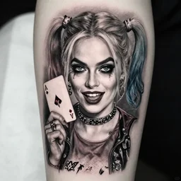 tattoo of margot robbie as harley quinn with a sexy look, holding ace card, abstract edges, in the style of den yakovlev, realistic face, black and white, realism tattoo, hyper realistic, highly detailed