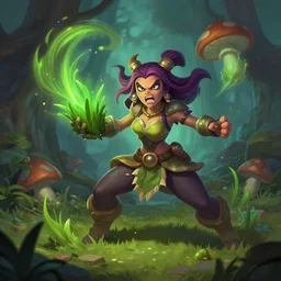 league of legends splash art illustration for a champion that is a fuming mushroom lady that makes people hallucinate through grass, in an action pose, on the forest floor, digital art, artstation, art by chengwei pan