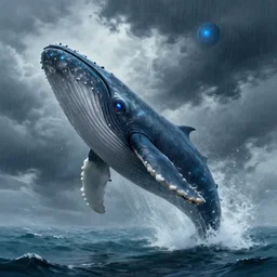 a massive whale kaiju creature jumping out of the ocean, glowing blue eyes, alien planet, heavy clouds, rain, detailed digital painting, trending artstation, concept art, sharp focus, illustration art by alphonse mucha, greg rutkowski, craig mullins