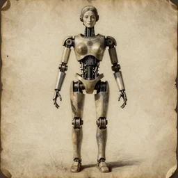 technical drawing of ancient womanized!! humanoid robot, symmetrical, anatomically correct, old historical photo, ancient paper, photorealistic