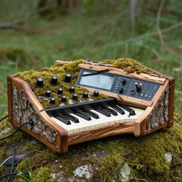 a nature photograph of a roland sp 4 0 4 sampler made out of bark, wood and moss, knobs, cables, keys and screen,