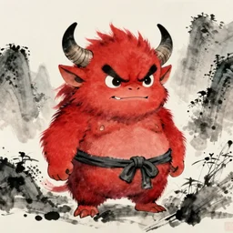 cute japanese little red ogre, naita aka oni, masterful, detailed. vivid bright colors, artstation, sumi e, traditional japanese painting, watercolor