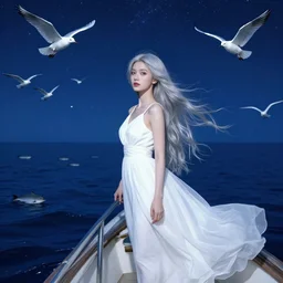 a young beautiful woman with sliver long hair wearing a long white dress, on a boat flowing in the deep blue starry sea, flying white birds, sea animals, like a dream, hyperrealistic, highly detailed, gothic, by jean - michel basquiat