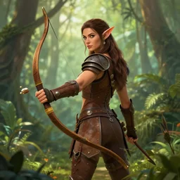 Gorgeous Jungle Ranger, brown armor, thick bow, ornamental arrows, high fantasy, elf, brown hair, artstation