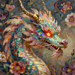 close up profile of a flowery spirit dragon with fur and feathers, elegant, majestic, colorful, with brightly glowing fiery eyes, flowers, oil painting by alphonse mucha, rhads, ross tran, rhads, artgem, octane render, 1 6 k, super detailed, intricate