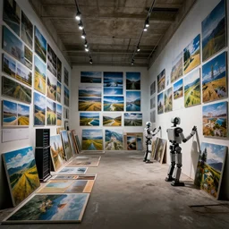 dramatic photo of abandoned art gallery full of art canvases and photos of landscapes covering the walls, robots in the room painting and admiring the photos, cinematic lighting, wide angle, servers