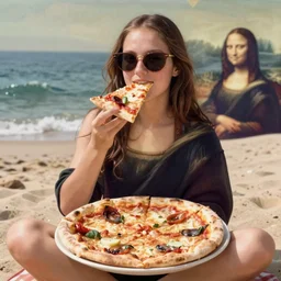 a young woman wearing sunglasses is sitting on the beach esting eating eating eating chewing chew chewing chewing!!!!!! a big slice of pizza!, looks like mona lisa, sharp focus, hyper realistic, soft colors, centered, insanely detailed, wide shot, a painting by leonardo da vinci
