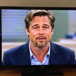 medium shot of brad pitt in a guest role in the office ( us ), promotional image, detailed face, tv still frame