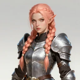 woman firbolg from dungeons and dragons wearing armor with long braided peach color hair, character screenshot, intricate, sharp focus, illustration, highly detailed, digital painting, cell shaded, concept art, matte, art by simon fetscher and klaus wittmann and alice rose artist, character art by max berthelot and greg rutkowski, studio quality, masterpiece