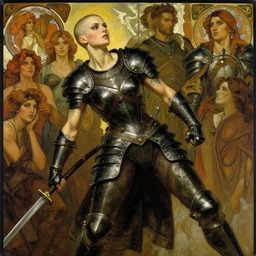 muscular young female warrior in dark leather armor with studs, bald, with tattoos, fantasy, from a dramatic angle, art by joseph leyendecker, peter mohrbacher, ruan jia, finnian macmanus, marc simonetti, dean cornwell, ayami kojima, vasnetsov, cedric peyravernay, alphonse mucha