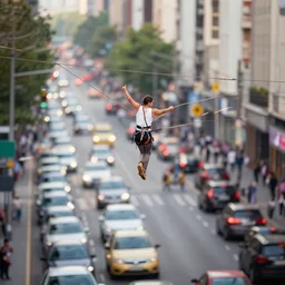 epic professional tilt shift photograph of a tight rope walker walking over a busy street full of traffic, Canon TS-E 90mm f/2.8L Macro, epic, stunning, gorgeous, much detail, award winning masterpiece