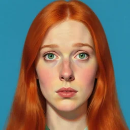 a portrait of a woman straight long red hair big nose and big sad eyes green / gray eyes by vibrant color scheme, intricately detailed, in the style of 1 9 6 0. artstation, greg rutkowski norman rockwell