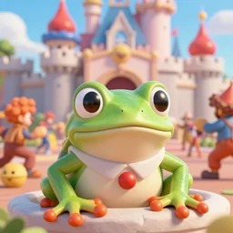 Clown Frog King looks down from the clown castle at a furious battle below, king pepe with rainbow wig, in the style of Berserk, clown frog battle