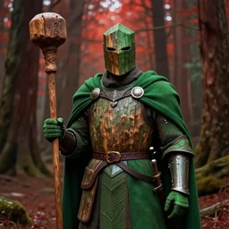 full portrait of a green knight, giant wooden club, wooden bark armor, green cloak, in a redwood forest, highly detailed, matte painting, by midjourney