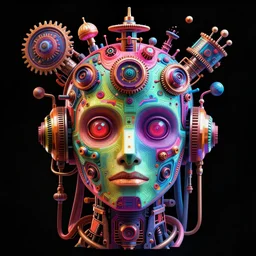 hyperdetailed portrait of a multicolored spaced out steampunk robot head, 8 k, symetrical, halluzinogenic, meditative, vector art, black background