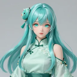 adult girl with long aqua glass hair, aqua glass eyes, a small pigtail on the left side, chinese dress, chinese style, anime style, hyper detailed, light green dress, illustration, digital painting, high delicate defined details, anime stylized, highly detailed, realistic, sharp focus, styled by rhads