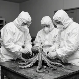 old black and white photo, 1 9 1 3, depicting scientists in hazmat suits dissecting an alien biomechanical octopus, historical record
