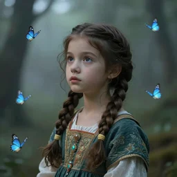 a neoclassical portrait of a cute little forest girl with a beautiful braid and dreamy eyes, concept art, realism, wearing traditional attire and beautiful ornaments, dreamy evening atmosphere, by  Johannes Vermeer, bioluminscent butterflies in the fog in a bokeh background, artstation, 8K