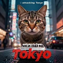 “cat attacking Tokyo, disaster movie poster, cgstudio”
