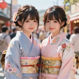 hyper details, two beautiful fashion anime girls wear fantasy kimono in festival, cryengine, realistic shaded, luxury, smile, dreamlike art, 8 k resolution, big eyes, trending on artstation, loish, ross tran, realistic shaded lighting poster by artgerm, 4 k realistic, good looking, sunny, fuji choko