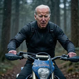 cinestill 5 0 d candid photographic portrait by steve mccurry of joe biden wearing rugged black mesh techwear riding on a dirtbike through a deep forest, extreme closeup, modern cyberpunk moody emotional cinematic, snow storm, 8 k, hd, high resolution, 3 5 mm, f / 3 2, ultra realistic faces, ex machina