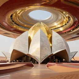 interior of a futuristic lotus temple with gold, red and white marble panels, in the desert, by buckminster fuller and syd mead and zaha hadid, intricate contemporary architecture, photo journalism, photography, cinematic, national geographic photoshoot