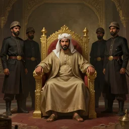 the great shaghan of al - bakha named ashal akh sigharen sitting in his dimly lit throne room with guards standing by his side, matte painting, 4 k, concept art