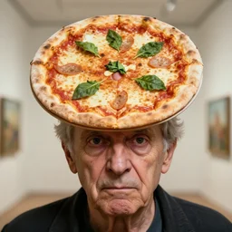 head and shoulders portrait of an old man with a pizza for a head, with a small face sticking through the center of a pizza margherita, disturbing reality, shocking revelation, unsettling, extremely detailed, soft lighting, sharp focus, highly symmetrical, droopy eyes, exhibition, masterpiece by morten krogvold