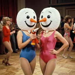 1978 twin women on tv show wearing an inflatable smileymask with a long prosthetic nose and googly eyes, wearing a leotard on the dancefloor 1978 technicolor film 16mm holding a hand puppet Fellini John Waters Russ Meyer Doris Wishman