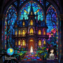 haunted mansion, stained glass!!, grainy texture!!!!!, infographic with illustrations!!!, glowing lights, epic fantasy, colorfully, digital art, highly saturated colors, concept art, detailed illustration, hd, 4 k, digital art, greg rutkowski, dan mumford, studio ghibli trending on artstation