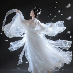 dream of the fairy flying in the oriental myth, super delicate, transparent noble and gorgeous tulle, soft light, white feathers, dream, chinese wind