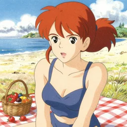 portrait of a woman having a picnic on a sunny beach, redhead, ponytail, swimsuit, finely illustrated face, highly detailed, colored pencil, studio ghibli, tankobon, in the style of ilya kuvshinov and krenz cushart and alphonse mucha and stanley artgerm lau