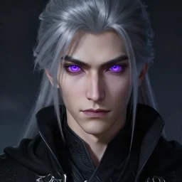 portrait of a young man with purple eyes, dressed in a black cloak, silver hair, glowing purple eyes, detailed face, fantasy, highly detailed, cinematic lighting, digital art painting by greg rutkowski
