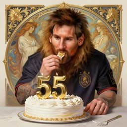 Lionel Messi eating his 35th birthday cake, D&D, fantasy, intricate, elegant, highly detailed, digital painting, artstation, concept art, matte, sharp focus, illustration, art by Artgerm and Greg Rutkowski and Alphonse Mucha