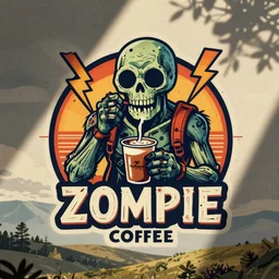 zombie drinking coffee logo, take away coffee, by mcbess, full colour print, vintage colours, lightning bolts, 1950s