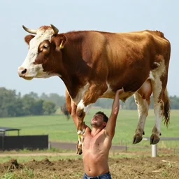 a man lifting a cow over his head