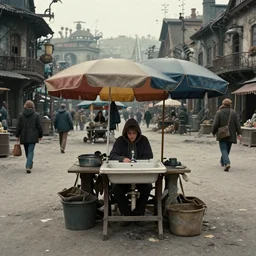 medium shot of lonely market stall with umbrellas and sadie sink in hoodie. in ruined square, pedestrians on both sides. steampunk tenements in background : 3 5 mm film, anamorphic, from schindler's list by steven spielberg. cyberpunk, cinematic atmosphere, detailed and intricate, perfect anatomy