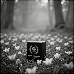 black box on the field flowers, by Andrei Tarkovsky, mist, forest, lomography effect, photo, monochrome, photo blurring, 35mm