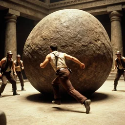 Indiana Jones running from rolling boulder trap in ancient temple, raiders of the lost ark movie scene