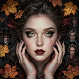 beautiful stella maeve magician, in the style of joshua middleton, peter mohrbacher, artgerm, tom bagshaw, realistic character concept, bird's eye overhead shot, elegant pose, spooky, illustration, symmetrical face and body, volumetric lighting, detailed realistic symmetrical eyes, 8 k, single face, insanely detailed and intricate elegant, autumn leaves
