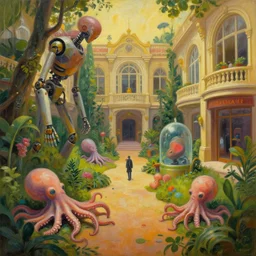 lush garden fury road aquarium with cyborg cephalopods minimalist oil painting by donato giancola, chris foss, maschinen krieger fetuses organic laboratory, victorian shopping mall courtyard, beeple, the matrix, star wars, ilm, star citizen, mass effect, warm coloured, artstation, atmospheric perspective