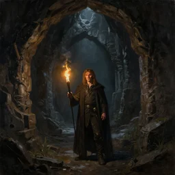 concept art, mood painting, environment painting, man holding torch dark ruined mineshaft lotr. style of ryan church, jon mccoy, george hull, painting