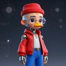 retrofuturistic portrait of a beautiful cute young ducktail shaved moroccan man with bionic glasses and blue pants and red jacket and red hat minimal bionic, space graphics in background, quint buchholz, wlop, dan mumford, artgerm, liam brazier, peter mohrbacher, featured on artstation, octane render, cinematic, elegant, intricate, 8 k