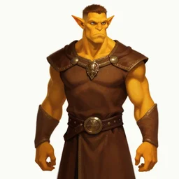tall, lean handsome orc with short brown hair. He wears fine brown noble clothes. His skin is a vibrant orange yellow. by craig mullins, featured on artstation