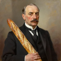 portrait of ataturk holding a baguette, realistic oil painting, high quality