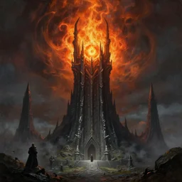 flaming eye of sauron above the dark orc tower of barad - dur, by alan lee, michal karcz, smooth details, lord of the rings, game of thrones, smooth, detailed terrain, oil painting, trending artstation, concept art, fantasy matte painting