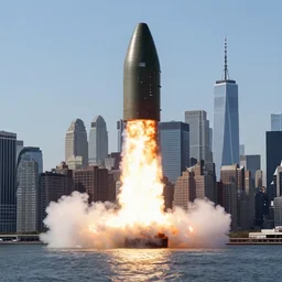 a photograph of a nuclear warhead detonating over the manhattan skyline, ultrarealistic, trending on art station, octane render, dramatic concept art, 4k, high detail, volumetric lighting