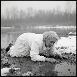 movie still by tarkovsky of a frozen elder woman in white dress crawling in a swamp with snow, cinestill 8 0 0 t 3 5 mm black and white, heavy grain, high quality, muddy, foggy