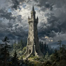 a painting my martin deschambault, a tall medieval fantasy stone tower stands far in the distance with a thick forest surrounding it, storm clouds gathering in the sky, 4 k very detailed, cinematic composition, concept art by martin deschambault,