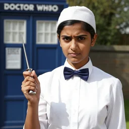 A young Indian woman wearing a bow tie and fez, holding a sonic screwdriver, harsh overhead sunlight, midday, summer, tv still from BBC tv series 'Doctor Who' (2022)